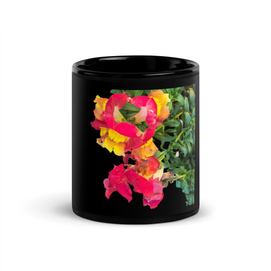 Red and Yellow Snapdragon Black Glossy Mug - Red Dirt Dreaming by Em