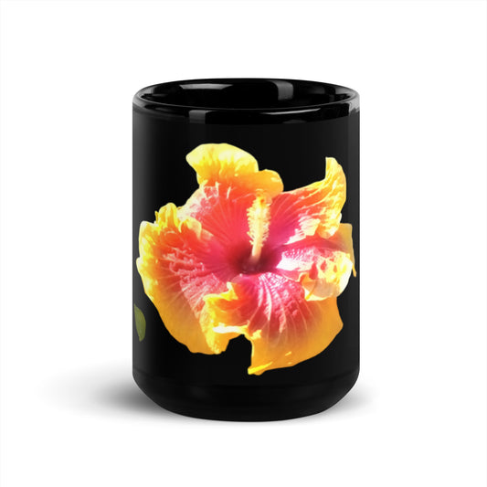 Yellow Hibiscus Black Glossy Mug - Red Dirt Dreaming by Em
